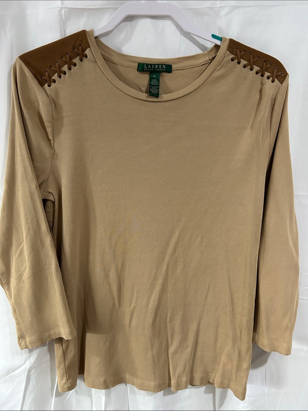 Lauren Ralph Lauren Tan Long Sleeve Top with Brown Lace-Up Shoulder Accents